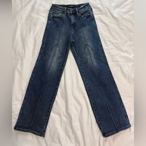 Judy Blue Dark Blue Flare Jeans with Decorative Stitching